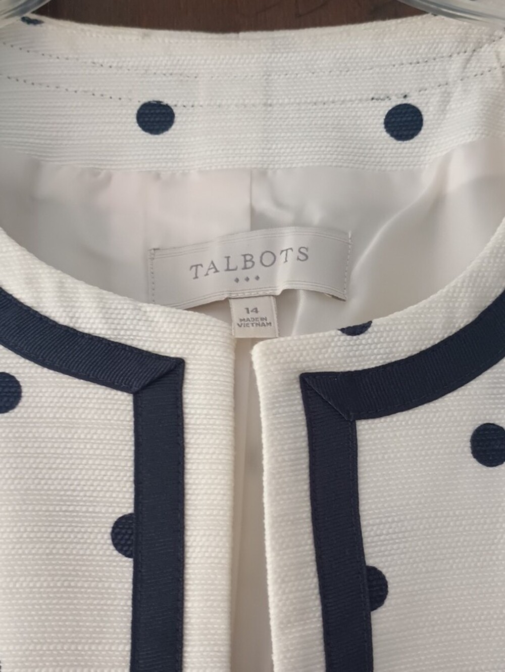 Talbots White Polka Dot Collarless Blazer with Navy Trim - Picture 2 of 7